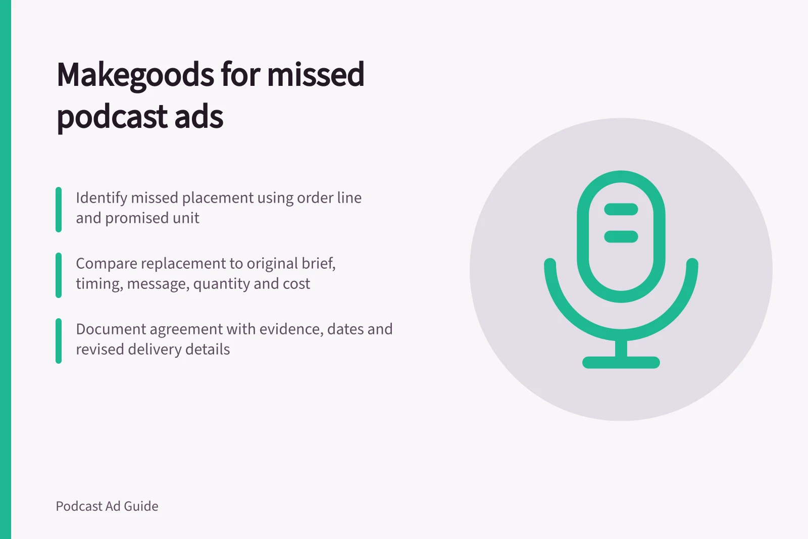 Makegoods for missed podcast ads: Identify missed placement using order line and promised unit; Compare replacement to original brief, timing, message, quantity and cost; Document agreement with evidence, dates and revised delivery details