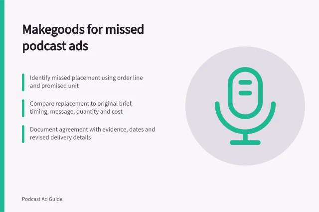 Makegoods for missed podcast ads: Identify missed placement using order line and promised unit; Compare replacement to original brief, timing, message, quantity and cost; Document agreement with evidence, dates and revised delivery details. Arranging makegoods for missed podcast placements