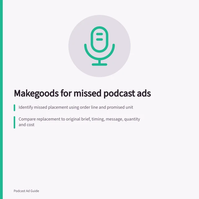 Makegoods for missed podcast ads: Identify missed placement using order line and promised unit; Compare replacement to original brief, timing, message, quantity and cost; Document agreement with evidence, dates and revised delivery details. Arranging makegoods for missed podcast placements