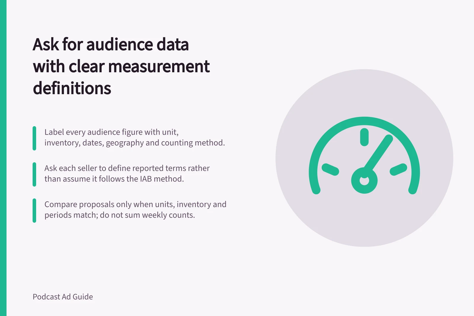 Ask for audience data with clear measurement definitions: Label every audience figure with unit, inventory, dates, geography and counting method.; Ask each seller to define reported terms rather than assume it follows the IAB method.; Compare proposals only when units, inventory and periods match; do not sum weekly counts.