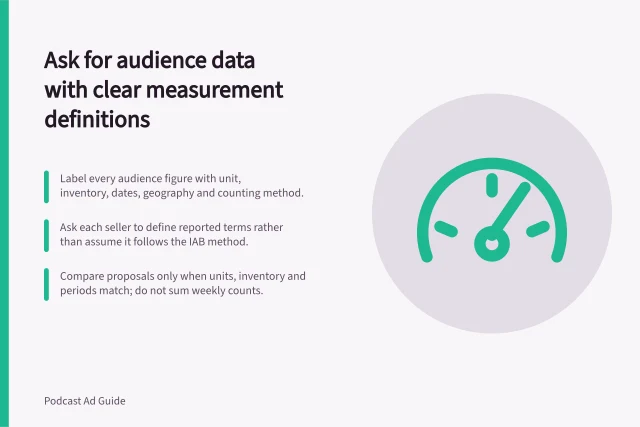Ask for audience data with clear measurement definitions: Label every audience figure with unit, inventory, dates, geography and counting method.; Ask each seller to define reported terms rather than assume it follows the IAB method.; Compare proposals only when units, inventory and periods match; do not sum weekly counts. Asking for audience data with clear measurement definitions