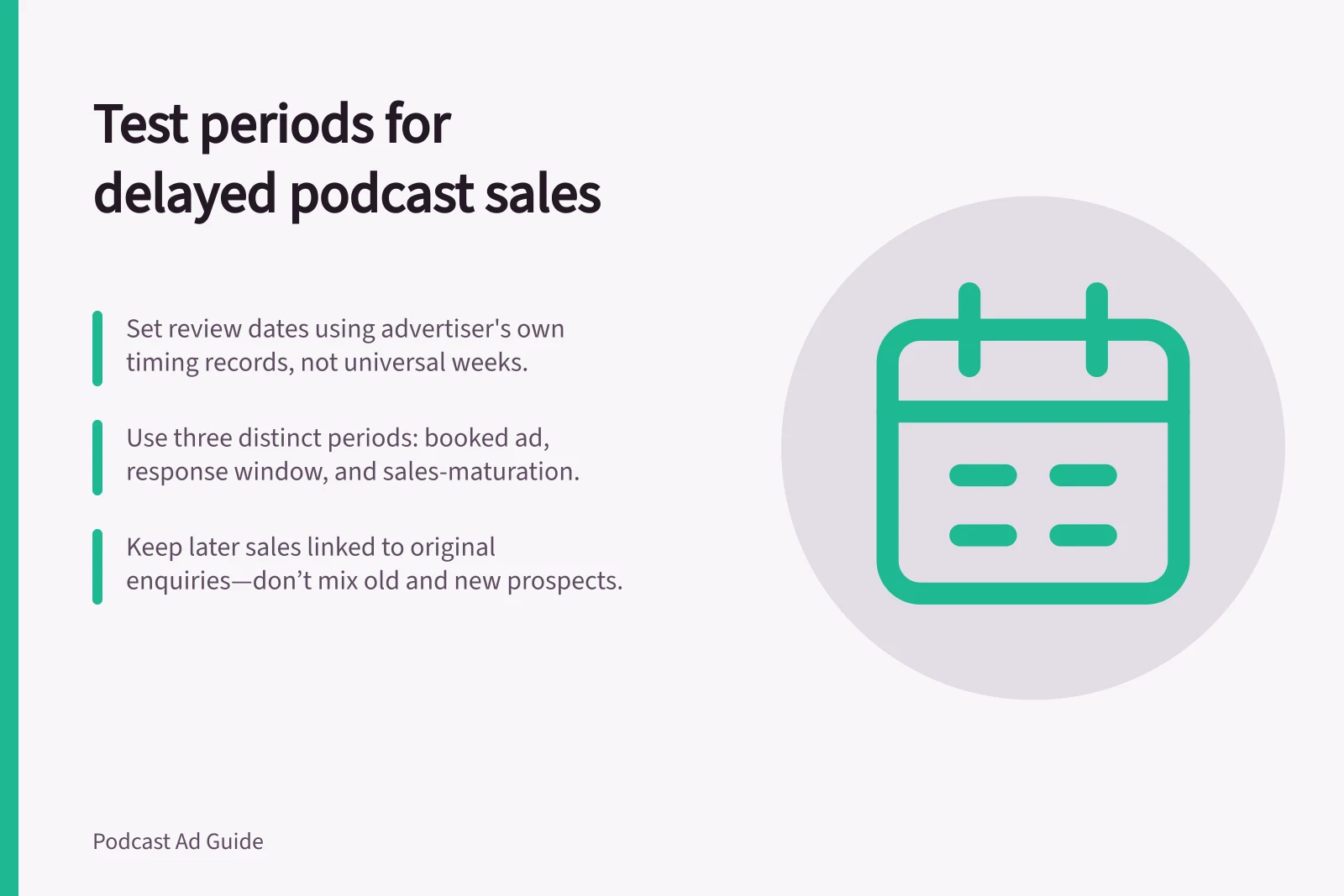 Test periods for delayed podcast sales: Set review dates using advertiser's own timing records, not universal weeks.; Use three distinct periods: booked ad, response window, and sales-maturation.; Keep later sales linked to original enquiries—don’t mix old and new prospects.
