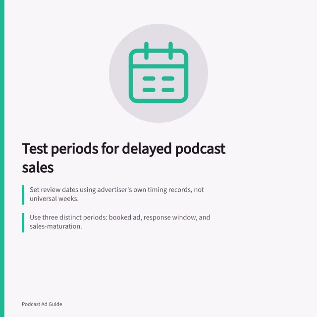 Test periods for delayed podcast sales: Set review dates using advertiser's own timing records, not universal weeks.; Use three distinct periods: booked ad, response window, and sales-maturation.; Keep later sales linked to original enquiries—don’t mix old and new prospects. Choosing a test period for a product with delayed sales