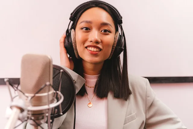 Smiling woman in a studio wearing headphones and speaking into a microphone for a podcast. Comparing podcast inventory sold by episode or audience