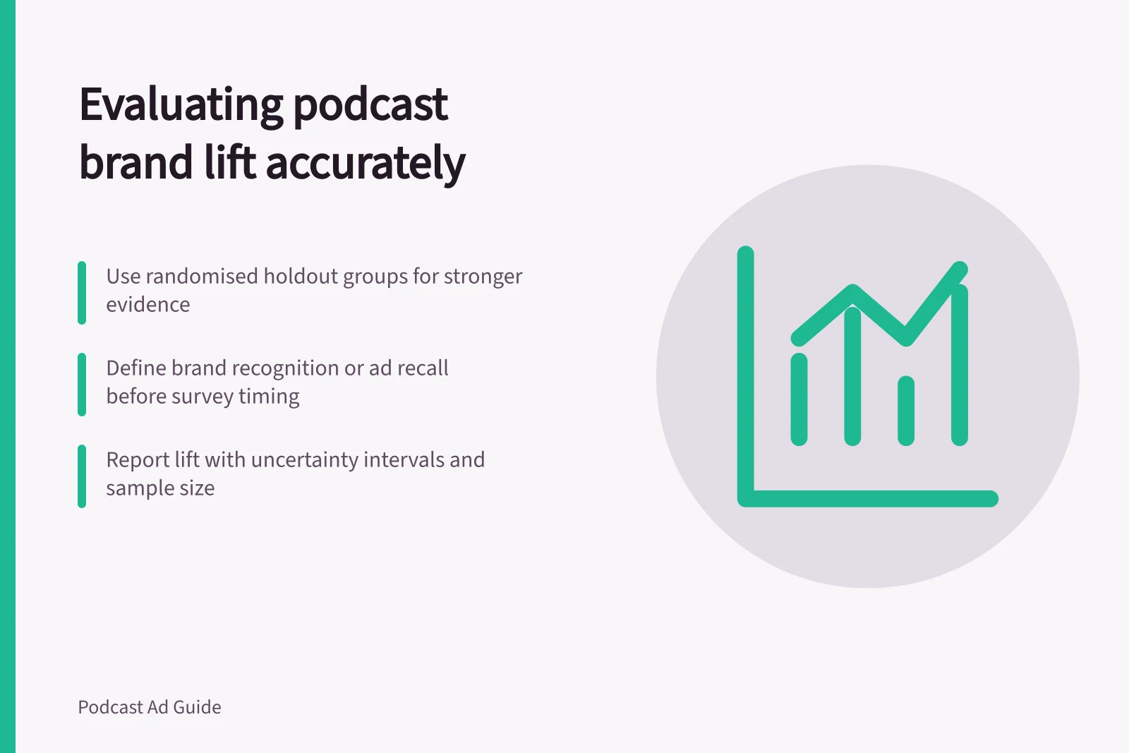 Evaluating podcast brand lift accurately: Use randomised holdout groups for stronger evidence; Define brand recognition or ad recall before survey timing; Report lift with uncertainty intervals and sample size
