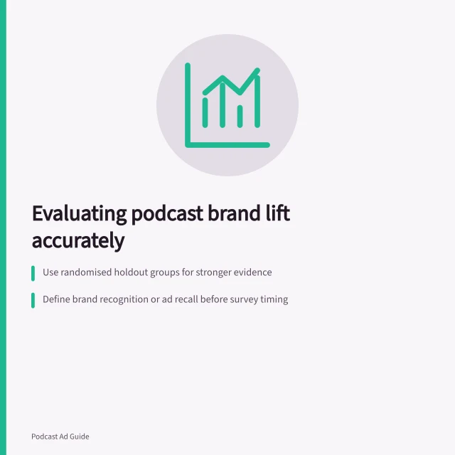 Evaluating podcast brand lift accurately: Use randomised holdout groups for stronger evidence; Define brand recognition or ad recall before survey timing; Report lift with uncertainty intervals and sample size. Evaluating podcast brand lift without overstating certainty