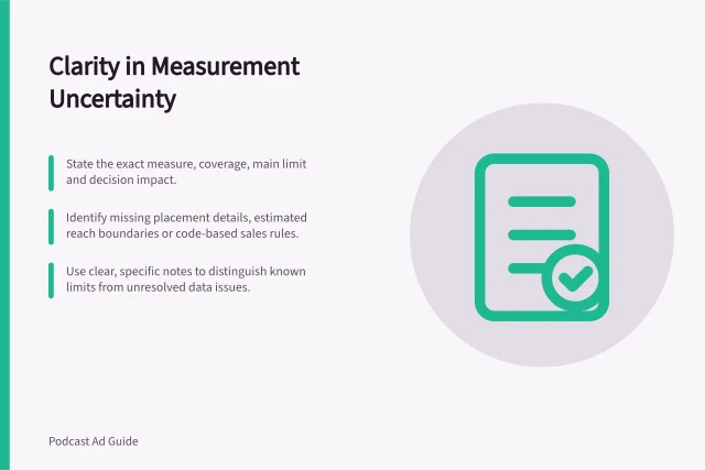 Clarity in Measurement Uncertainty: State the exact measure, coverage, main limit and decision impact.; Identify missing placement details, estimated reach boundaries or code-based sales rules.; Use clear, specific notes to distinguish known limits from unresolved data issues. Explaining measurement uncertainty in a podcast report
