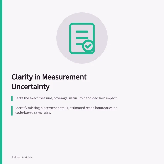 Clarity in Measurement Uncertainty: State the exact measure, coverage, main limit and decision impact.; Identify missing placement details, estimated reach boundaries or code-based sales rules.; Use clear, specific notes to distinguish known limits from unresolved data issues. Explaining measurement uncertainty in a podcast report