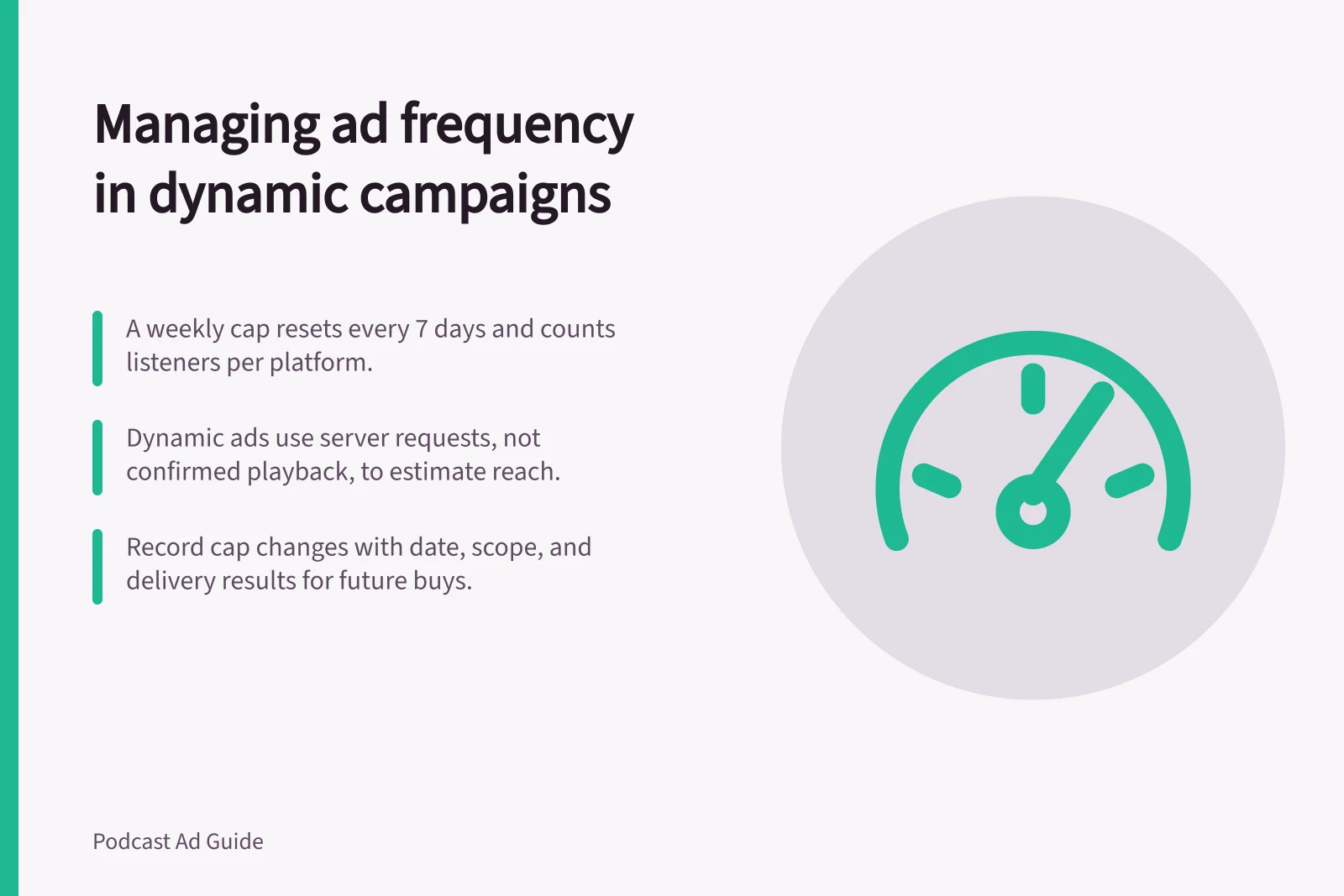 Managing ad frequency in dynamic campaigns: A weekly cap resets every 7 days and counts listeners per platform.; Dynamic ads use server requests, not confirmed playback, to estimate reach.; Record cap changes with date, scope, and delivery results for future buys.