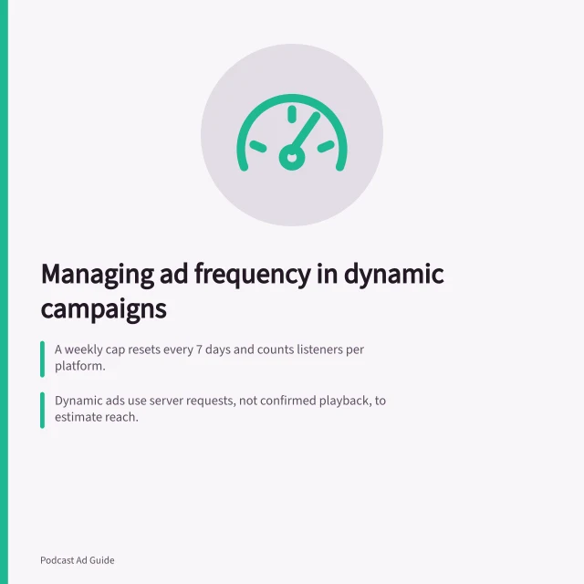Managing ad frequency in dynamic campaigns: A weekly cap resets every 7 days and counts listeners per platform.; Dynamic ads use server requests, not confirmed playback, to estimate reach.; Record cap changes with date, scope, and delivery results for future buys. Managing frequency in dynamically inserted campaigns