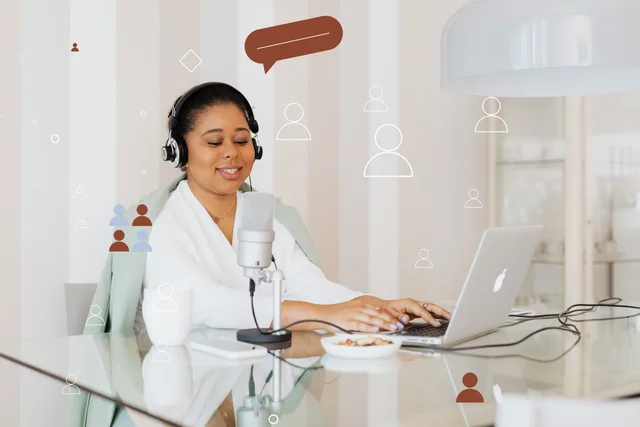 Black woman podcasting from home using a laptop and microphone. Matching ad length to the complexity of an offer