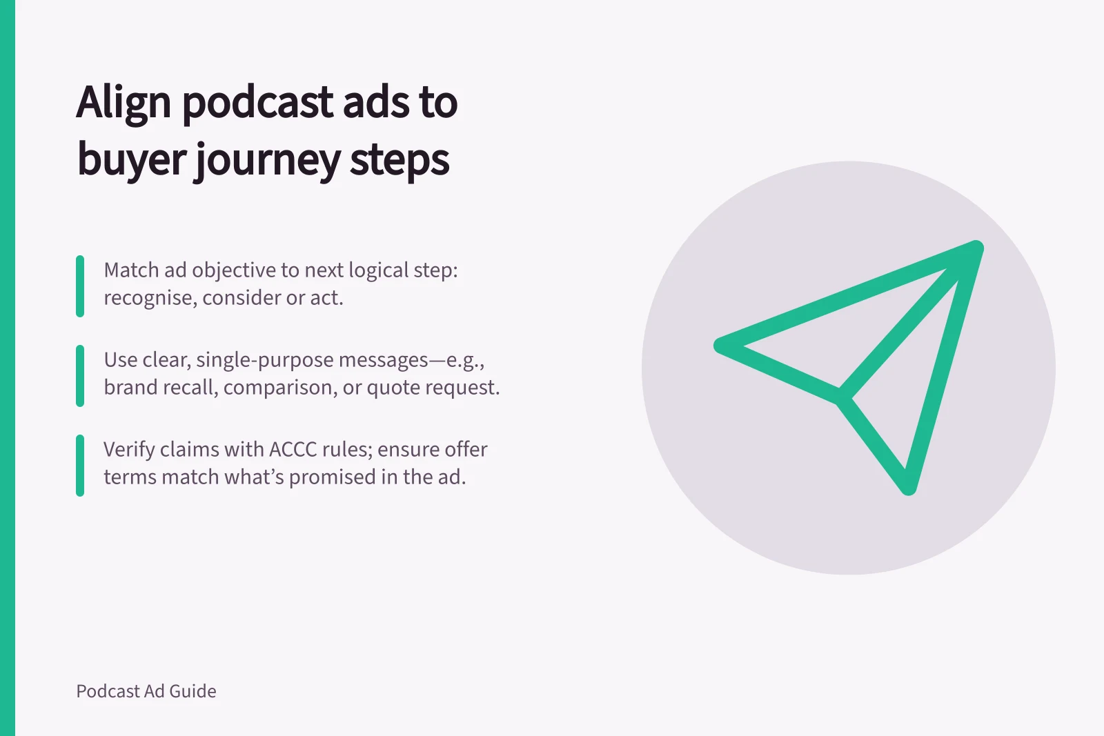 Align podcast ads to buyer journey steps: Match ad objective to next logical step: recognise, consider or act.; Use clear, single-purpose messages—e.g., brand recall, comparison, or quote request.; Verify claims with ACCC rules; ensure offer terms match what’s promised in the ad.
