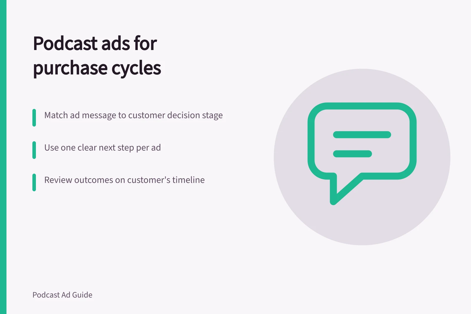 Podcast ads for purchase cycles: Match ad message to customer decision stage; Use one clear next step per ad; Review outcomes on customer's timeline