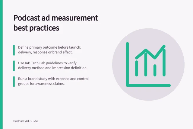 Podcast ad measurement best practices: Define primary outcome before launch: delivery, response or brand effect.; Use IAB Tech Lab guidelines to verify delivery method and impression definition.; Run a brand study with exposed and control groups for awareness claims. Podcast advertising measurement