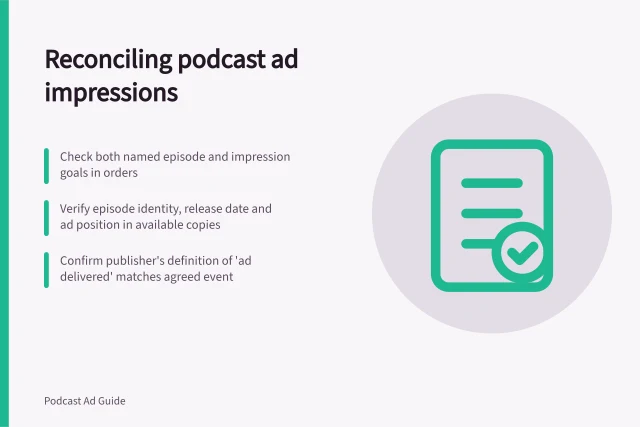 Reconciling podcast ad impressions: Check both named episode and impression goals in orders; Verify episode identity, release date and ad position in available copies; Confirm publisher's definition of 'ad delivered' matches agreed event. Reconciling booked episodes with delivered ad impressions