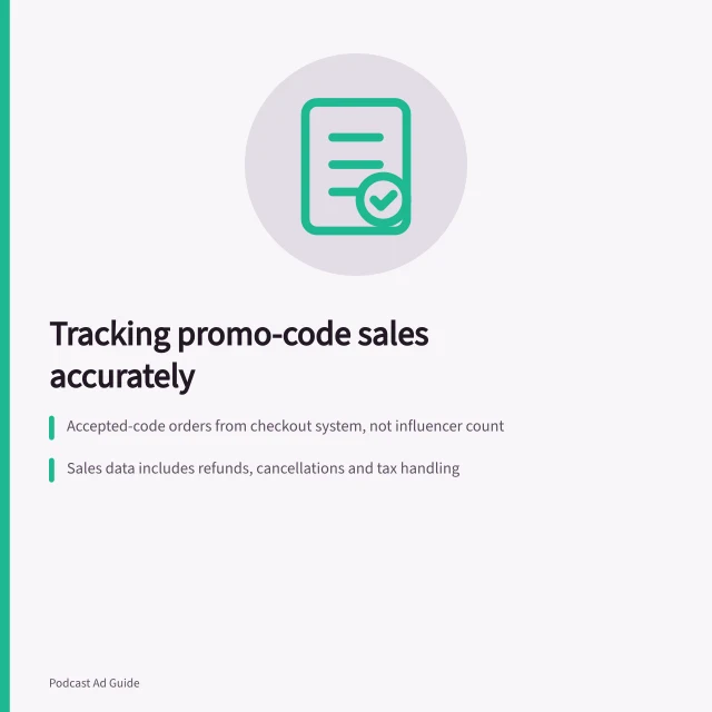 Tracking promo-code sales accurately: Accepted-code orders from checkout system, not influencer count; Sales data includes refunds, cancellations and tax handling; Code use across shows must be disclosed with offer and date details. Reporting promo-code sales without claiming complete attribution